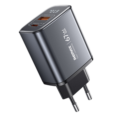 Chargeur rapide GaN 67 W avec affichage numérique - USB + Type-C REMAX U2-AC67W - Argent