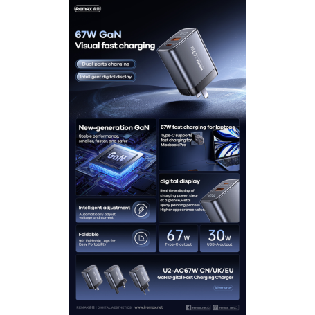 Chargeur rapide GaN 67 W avec affichage numérique - USB + Type-C REMAX U2-AC67W - Argent