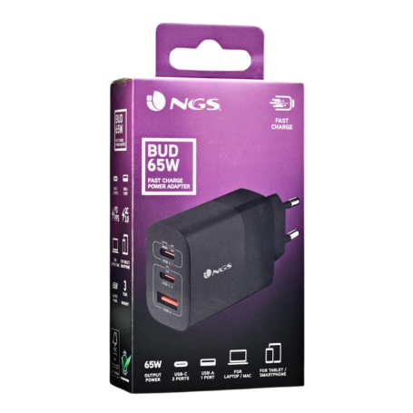 Chargeur mural ultra-rapide NGS Bud 65 W GaN 65 W avec 3 ports (2 USB-C + 1 USB-A) - Noir