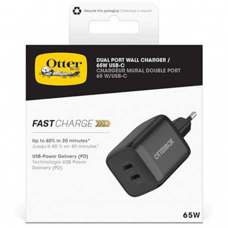 Adaptateur secteur OtterBox standard EU USB-C PD avec 2 ports 65 W - Noir