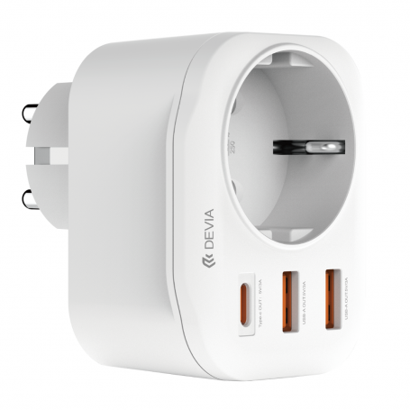 Adaptateur secteur 3 ports (2 USB-A, 1 USB-C) et prise intégrée - Série Devia Smart - Blanc