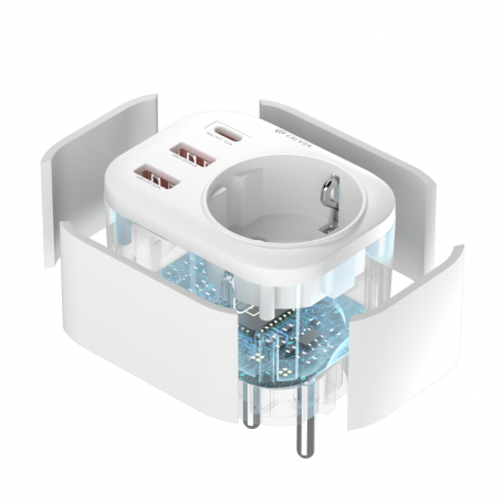 Adaptateur secteur 3 ports (2 USB-A, 1 USB-C) et prise intégrée - Série Devia Smart - Blanc
