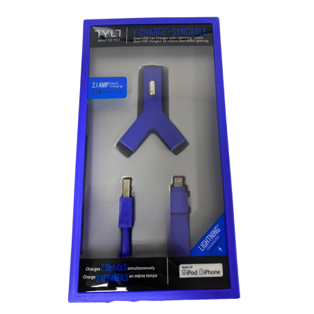 Kit chargeur de voiture USB*2 + câble Lightning TYLT 2,1 A MFi - Bleu