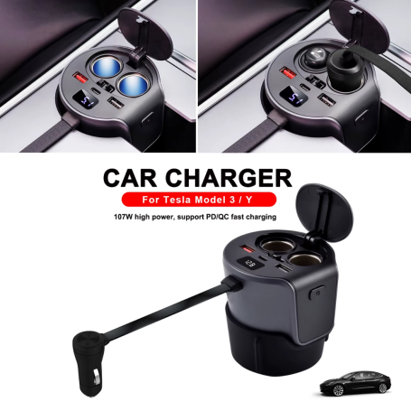 Adaptateur de charge 65 W pour Tesla Model 3/Y - Rallonge allume-cigare avec porte-gobelet