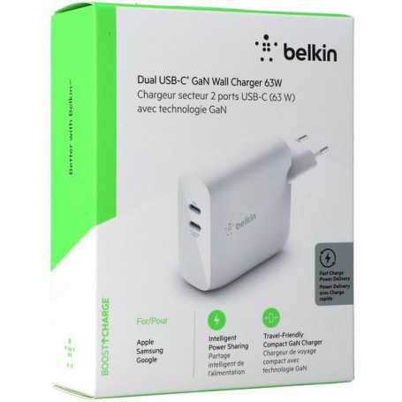 Adaptateur secteur Belkin BOOST↑CHARGE™ 2 ports USB-C PD 63 W GaN pour Mac/PC