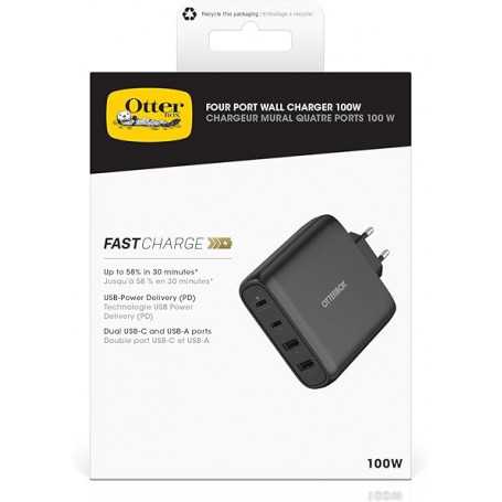 Adaptateur secteur OtterBox standard USB-C PD GaN 4 ports 100 W - Noir