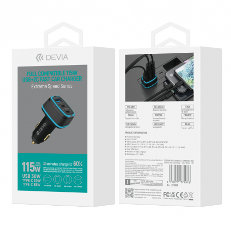 Chargeur de voiture entièrement compatible avec 1 port USB et 2 ports USB-C 115 W - Série Devia Extreme Speed - Noir