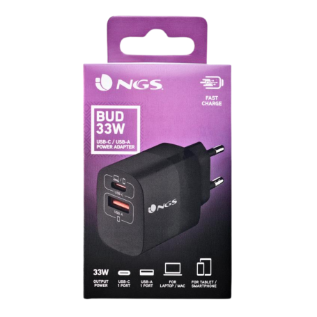Chargeur mural ultra-rapide NGS Bud 33 W GaN avec 2 ports (1 USB-C + 1 USB-A) - Noir