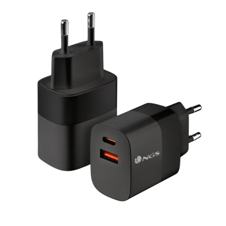Chargeur mural ultra-rapide NGS Bud 33 W GaN avec 2 ports (1 USB-C + 1 USB-A) - Noir