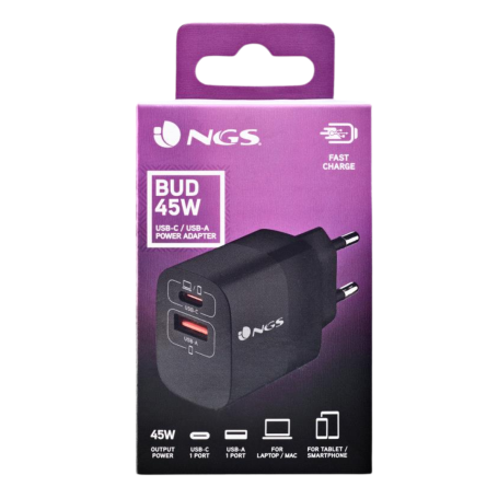 Chargeur mural ultra-rapide NGS Bud 45 W GaN avec 2 ports (1 USB-C + 1 USB-A) - Noir 