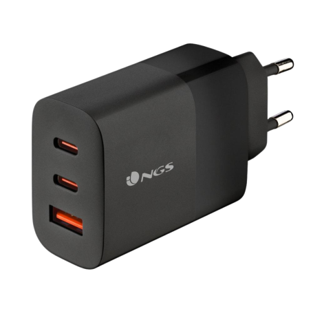 Chargeur mural ultra-rapide NGS Bud 65 W GaN 65 W avec 3 ports (2 USB-C + 1 USB-A) - Noir