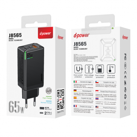 Adaptateur secteur 65 W 3 ports 1 USB + 2 Type-C - D-power J8565 - Noir