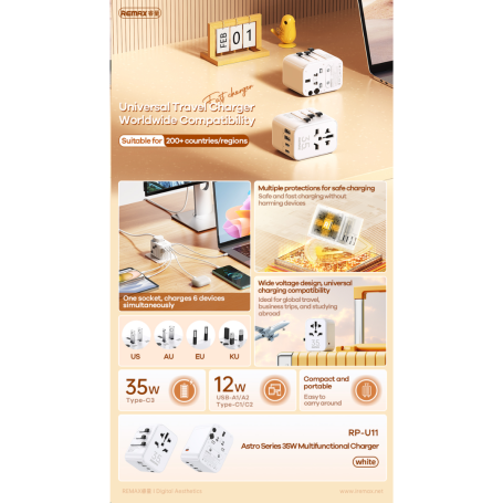 Chargeur multifonction REMAX Astro Series RP-U11 35 W (Royaume-Uni, États-Unis, UE, Australie et Chine) - Blanc