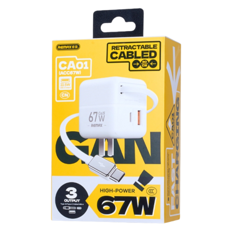 Chargeur rapide REMAX CA01 67 W GaN avec câble USB-C télescopique – UE – Blanc