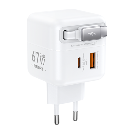 Chargeur rapide REMAX CA01 67 W GaN avec câble USB-C télescopique – UE – Blanc