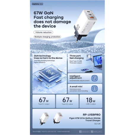 Chargeur de voyage REMAX Figen 67 W GaN Type-C + USB RP-U159PRO - EU - Blanc