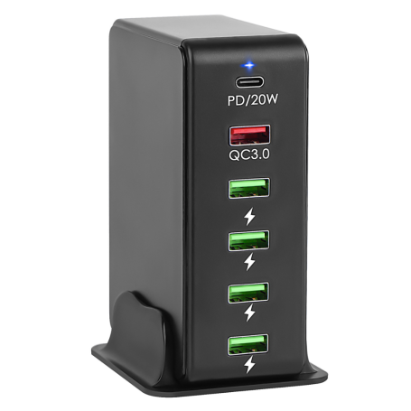Chargeur multiport USB 65 W 6 ports - 1 USB-C - 1 QC 3.0 - 4 USB - Noir