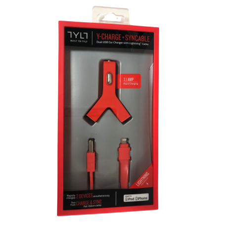 Kit chargeur de voiture USB*2 + câble Lightning TYLT 2,1 A MFi - Rouge